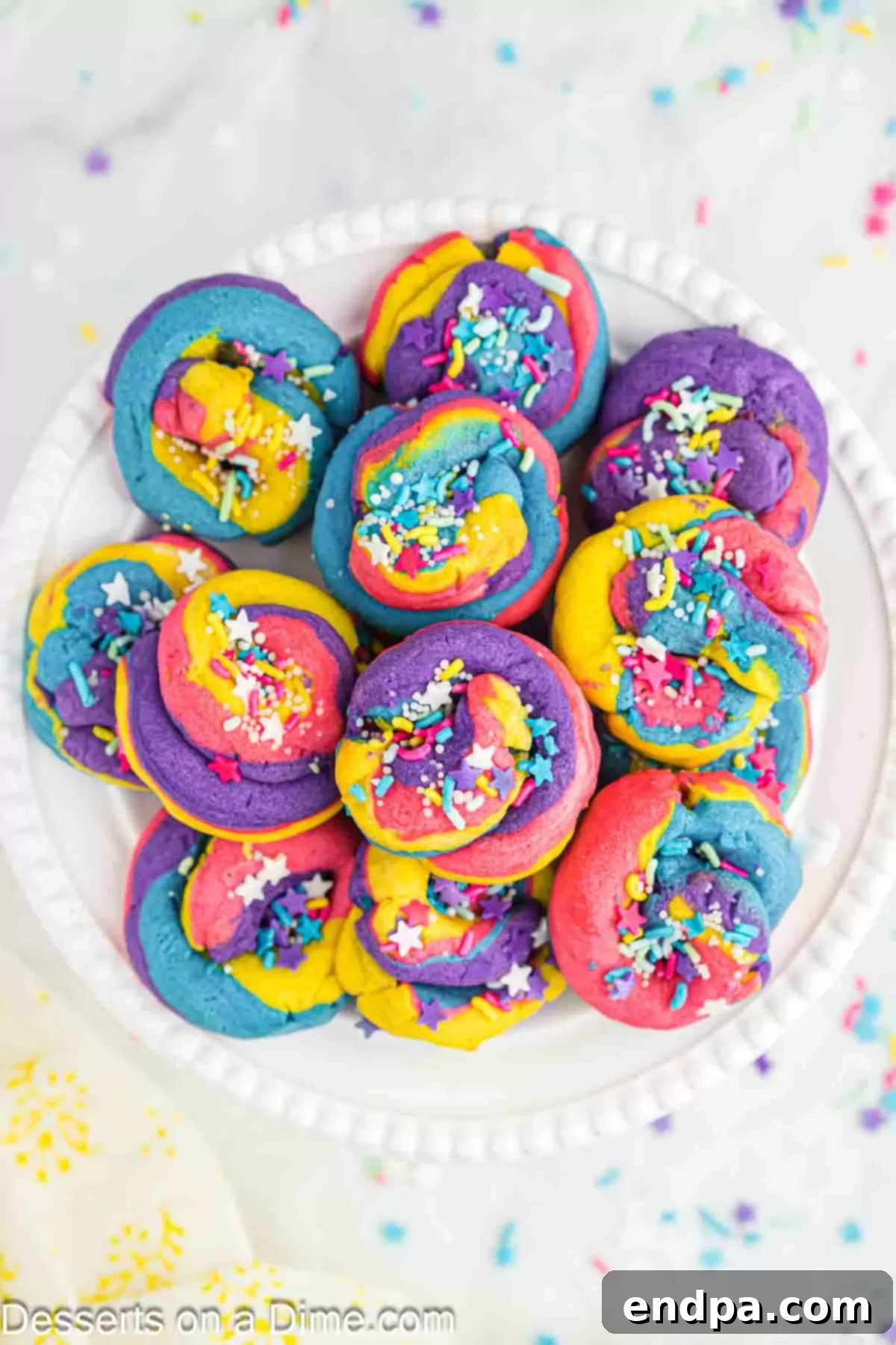 Rainbow Unicorn Drops 2 Unicorn Poop Cookies on a decorative plate, showcasing their colorful swirls and festive sprinkles.
