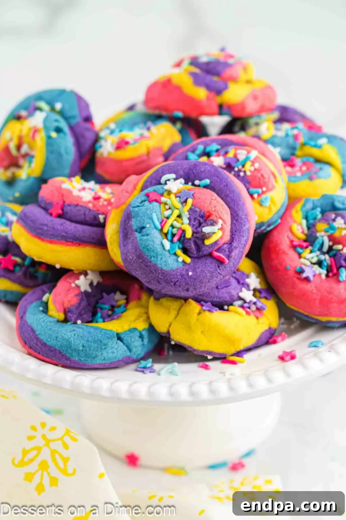 Rainbow Unicorn Drops 12 A plate piled high with freshly baked Unicorn Poop Cookies, showcasing their vibrant colors and playful design.