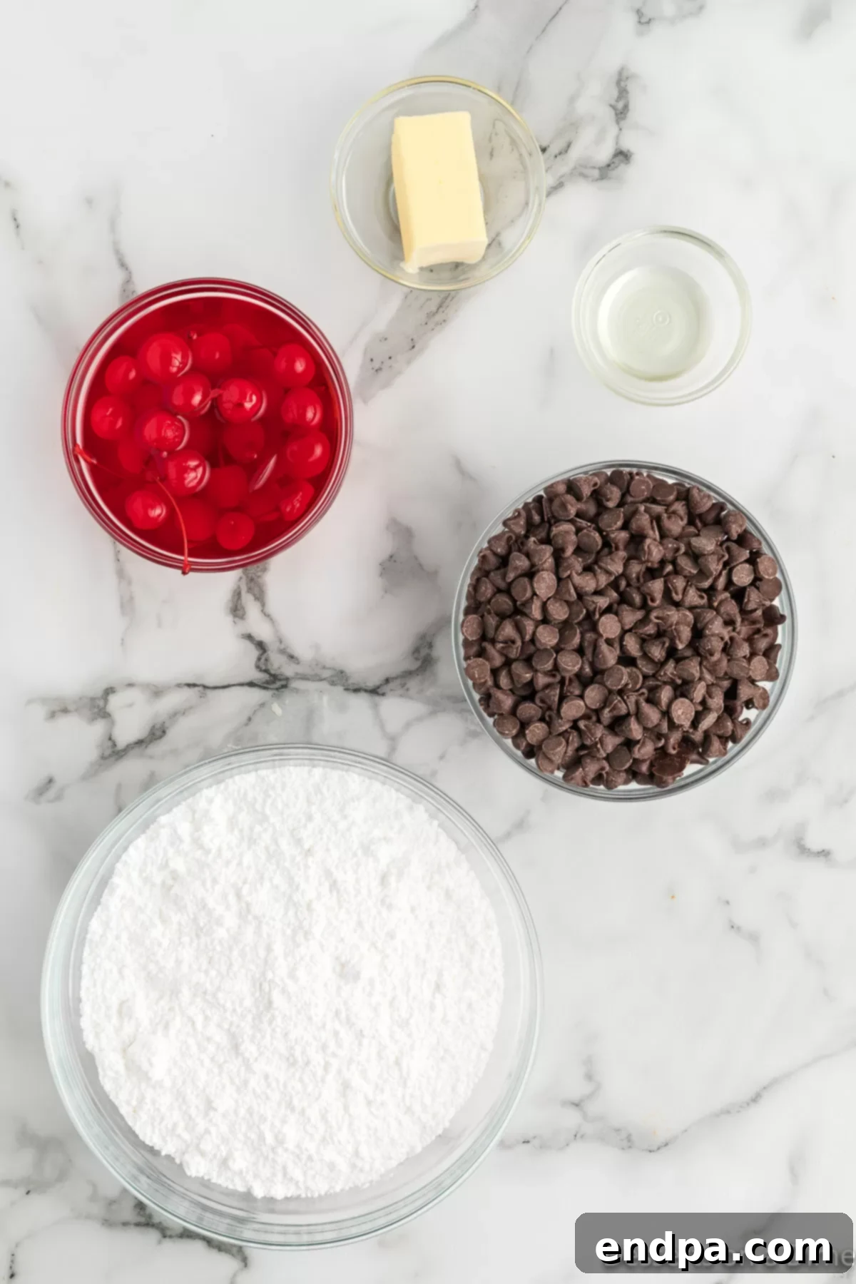 Ingredients for Chocolate covered cherries - cherries, powdered sugar, salted butter, semi-sweet chocolate chips. 