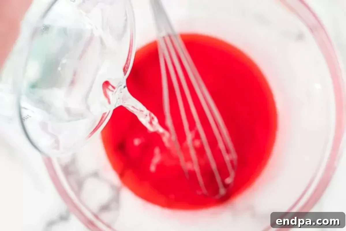 Pouring boiling water into a bowl with strawberry Jell-O powder