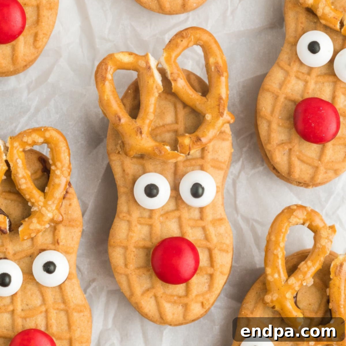 A beautifully arranged platter of Nutter Butter Reindeer Cookies.