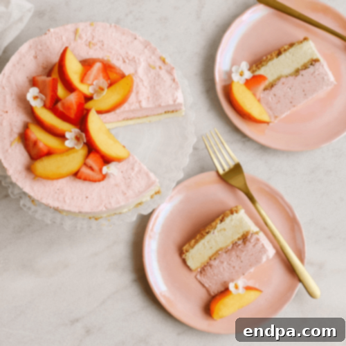 Peachy Keen: 51 Simple Dessert Ideas 22 Summer Strawberry Peach Cheesecake, a no-bake fruit cheesecake