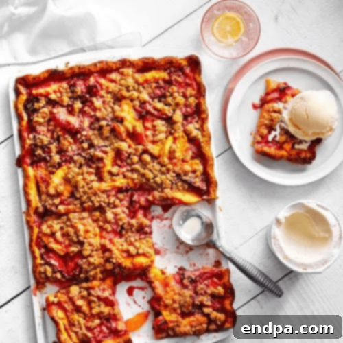 Peachy Keen: 51 Simple Dessert Ideas 30 Peach-Plum Crumble Slab Pie with fresh red plums and peaches