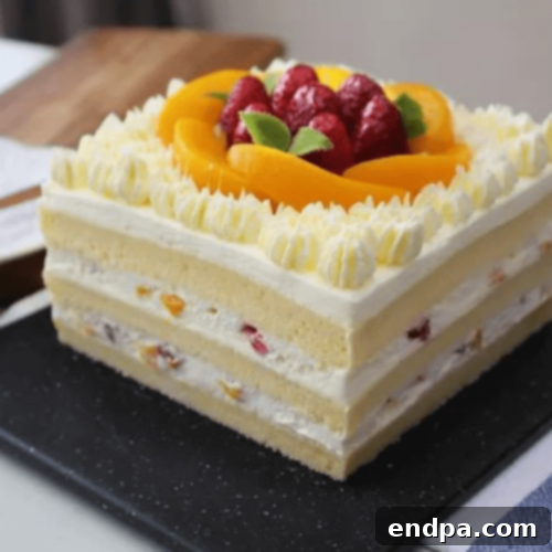 Peachy Keen: 51 Simple Dessert Ideas 47 Cotton Soft Vanilla Sponge Peach Cake, light, fluffy, and satisfying