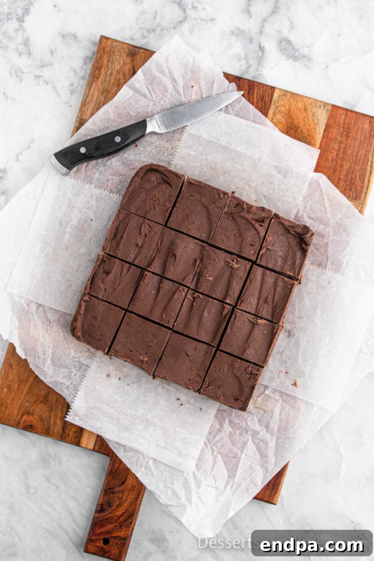 Finished Crock Pot Fudge cut into squares, ready to be served.