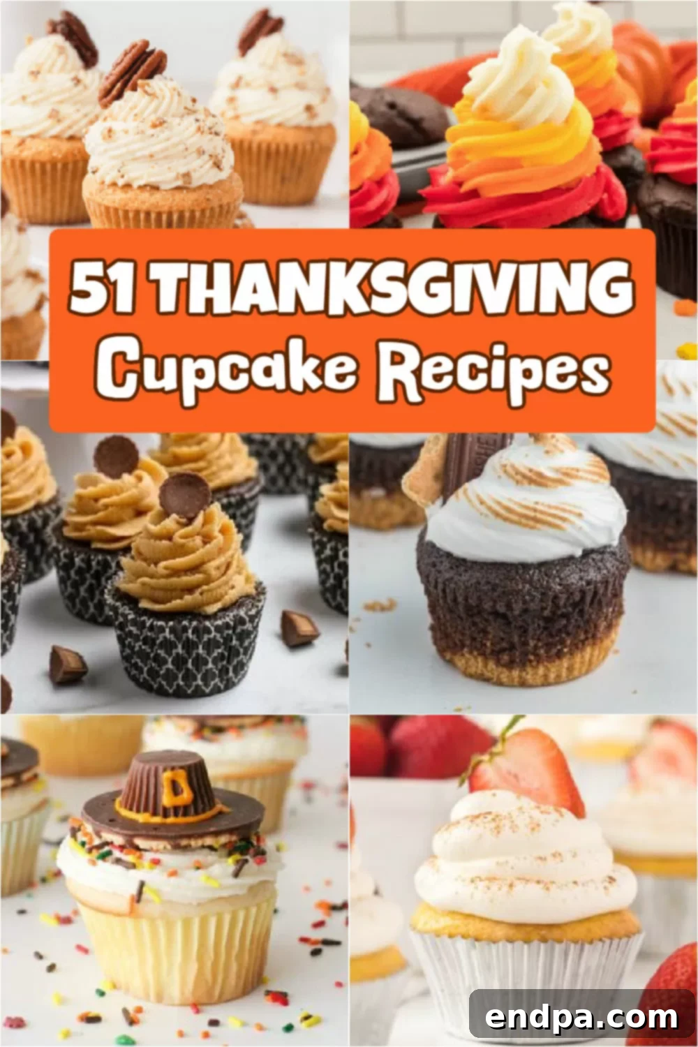 A beautifully arranged selection of Thanksgiving themed cupcakes with various fall decorations and toppings.