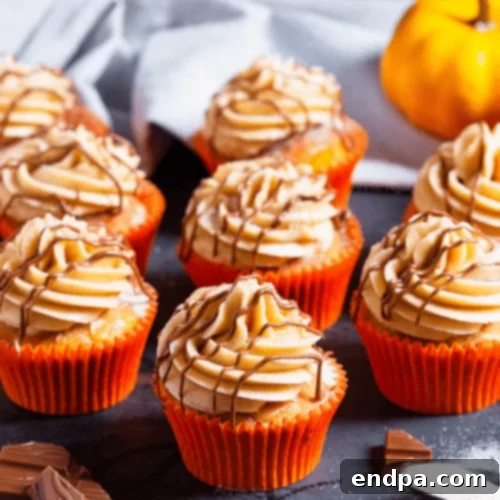 Irresistible Pumpkin Churro Cupcakes with cinnamon sugar and chocolate drizzle.
