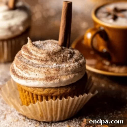Elegant Vanilla Chai Pumpkin Latte Cupcakes with cinnamon brown sugar frosting.