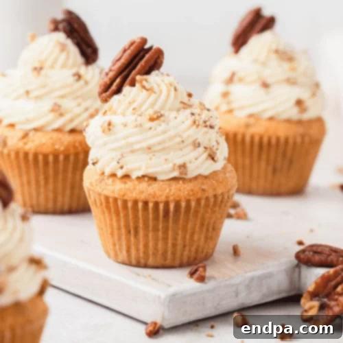 Brown Butter Pecan Cupcakes featuring a rich, nutty flavor.