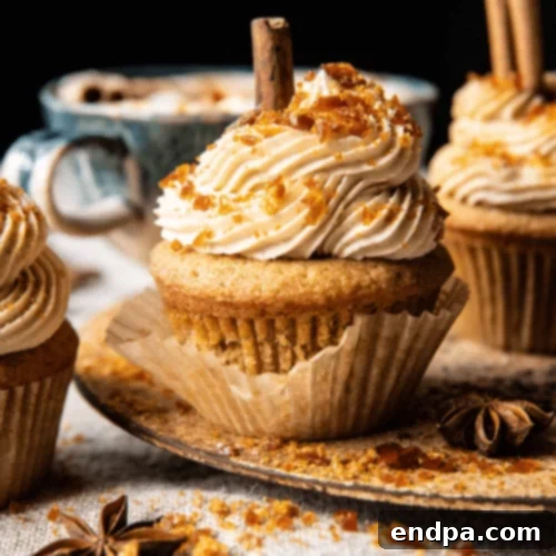 Aromatic Chai Latte Cupcakes topped with a rich caramel brulée frosting.
