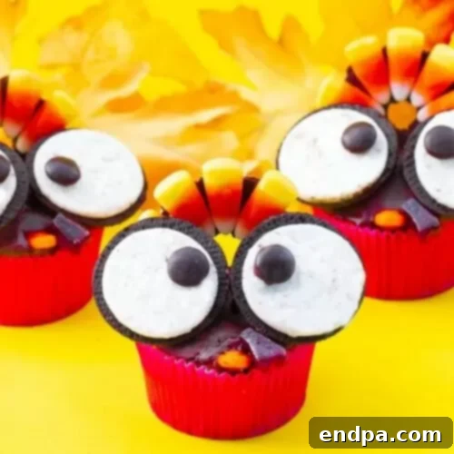 Cute Gluten Free Thanksgiving Turkey Cupcakes with candy corn feathers.