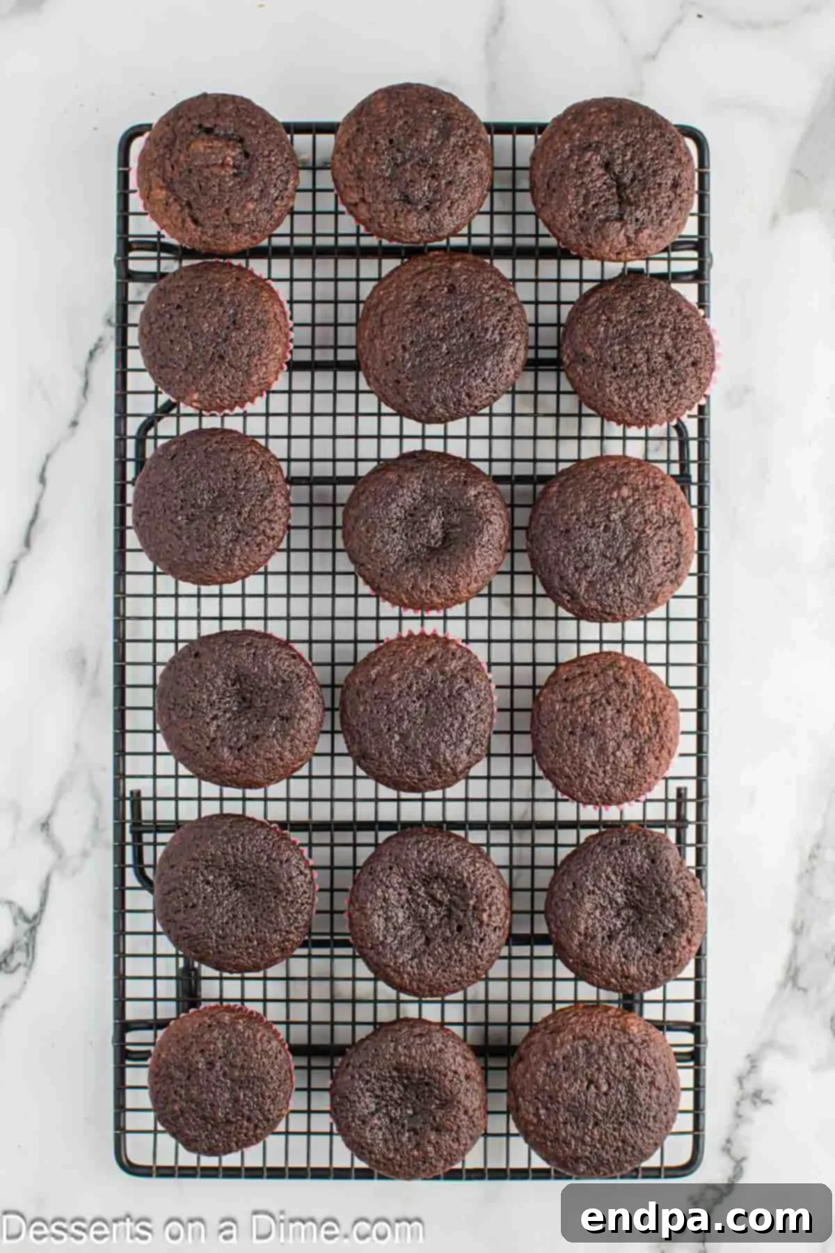 Cupcakes on wire rack cooling.