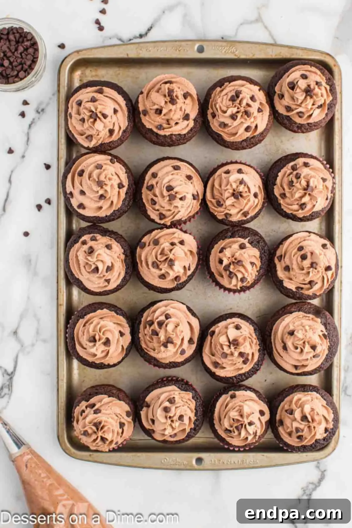Cupcakes topped with frosting and garnished with chocolate chips.