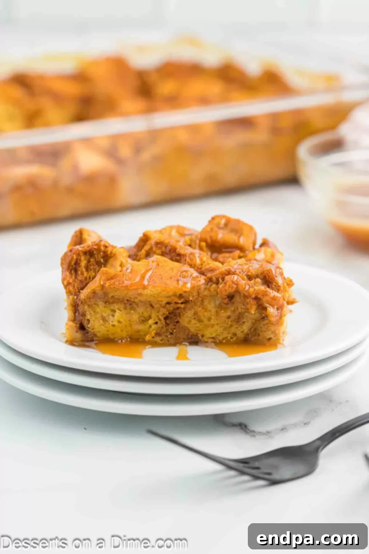 Pumpkin bread pudding on a plate