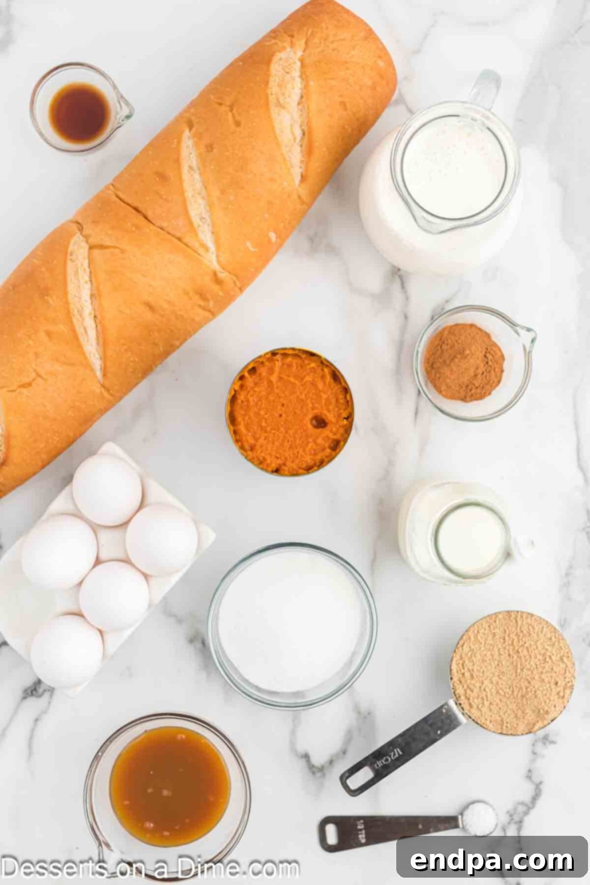 Ingredients needed - brown sugar, sugar, eggs, pumpkin pie spice, salt, half and half, milk, pumpkin puree, vanilla, bread, caramel sauce