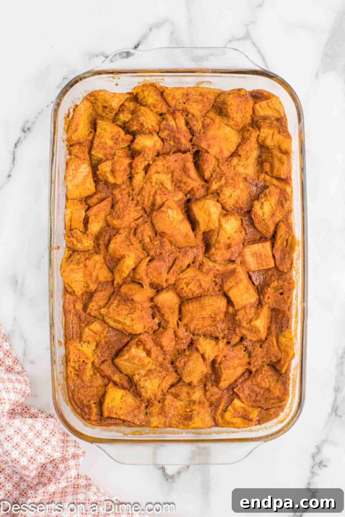 Pumpkin bread pudding baked and ready to serve. 