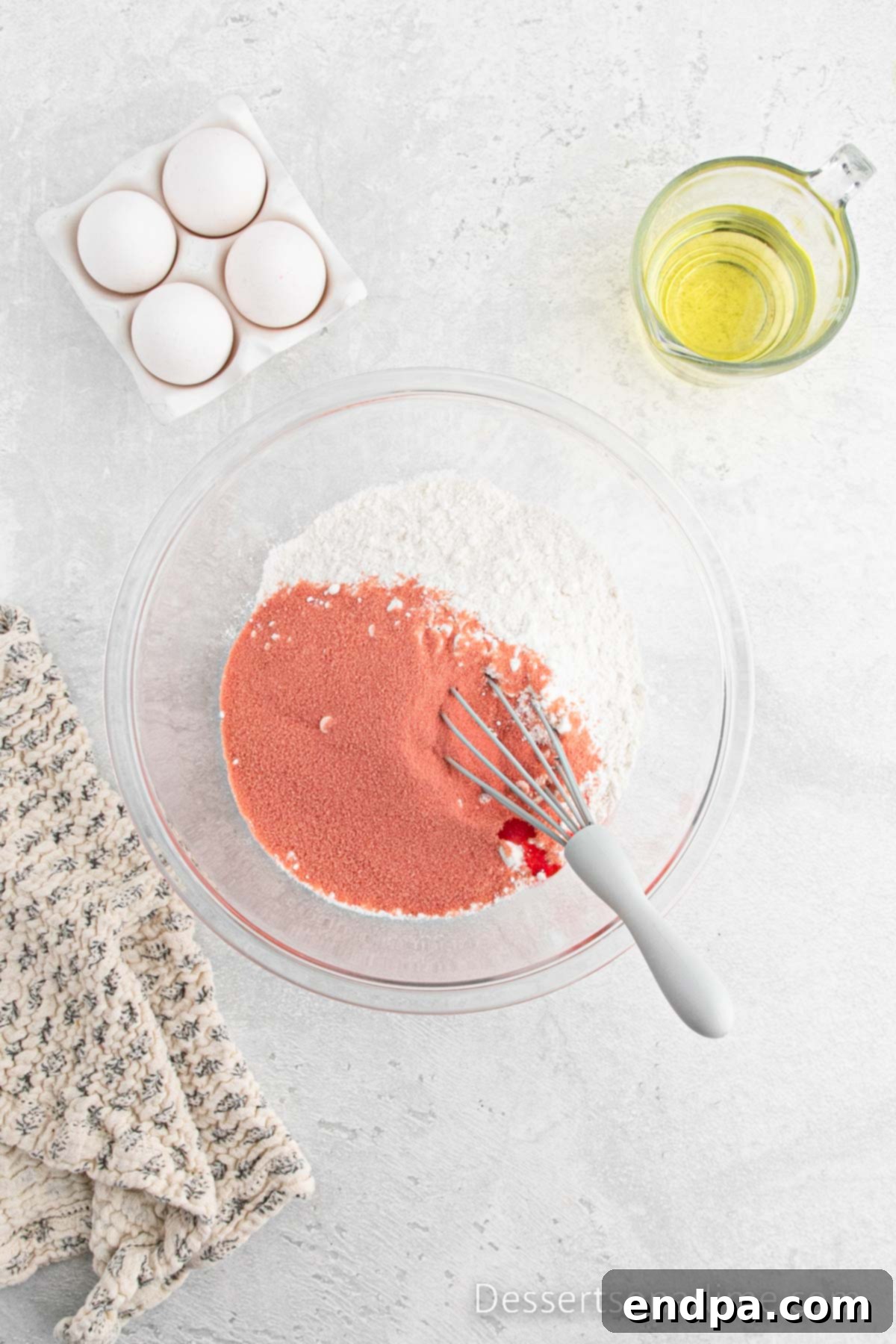 Paula Deen's Signature Strawberry Cake 5 White cake mix and strawberry gelatin being whisked together in a large mixing bowl.