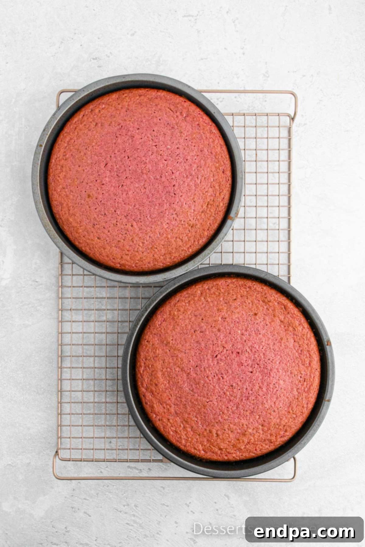 Paula Deen's Signature Strawberry Cake 7 Two baked strawberry cake layers cooling on wire racks after being removed from round cake pans.