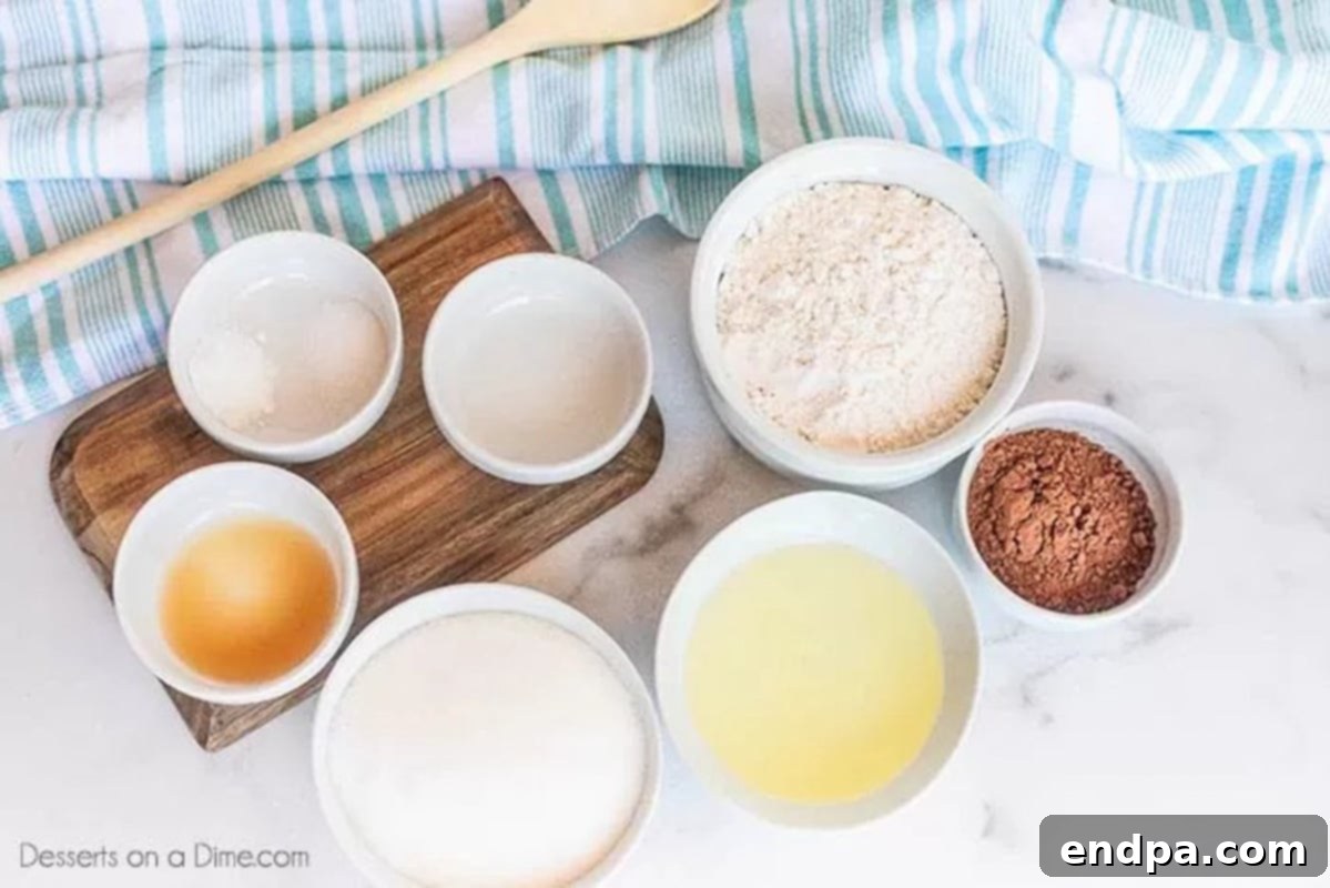 Cake ingredients - flour, sugar, cocoa powder, salt, baking soda, vanilla, vinegar, vegetable oil, water