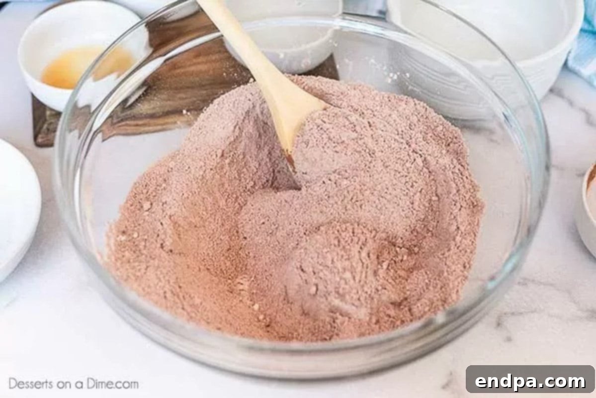 Bowl of dry ingredients - flour, sugar, cocoa, salt and baking soda. 