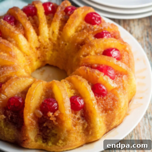 An elegant Pineapple Upside Down Bundt Cake, beautifully shaped and topped with caramelized pineapple slices.