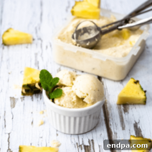 A bowl of creamy Pina Colada Nice Cream, a healthy and fruity frozen dessert.