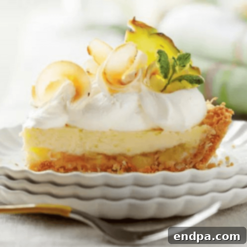 A slice of refreshing Pina Colada Icebox Pie, featuring creamy layers and a tropical topping.