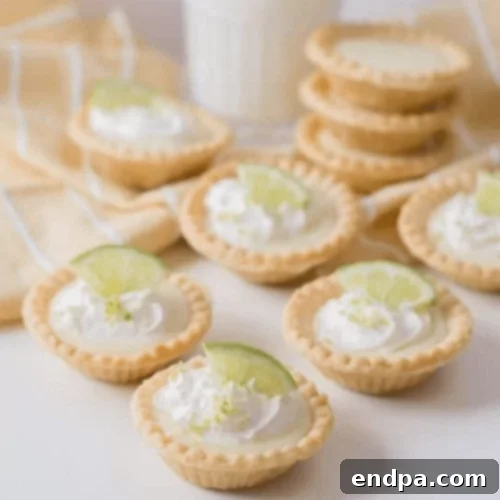 The Ultimate Collection of Tangy Lime Desserts 9 Individual mini key lime pies with whipped cream and lime wedges.