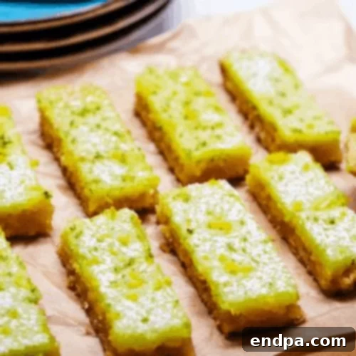 The Ultimate Collection of Tangy Lime Desserts 10 Gluten-free lemon lime bars dusted with powdered sugar and garnished with citrus zest.