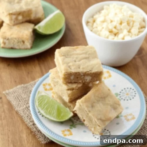 The Ultimate Collection of Tangy Lime Desserts 17 Soft, chewy white chocolate and lime blondies cut into squares.