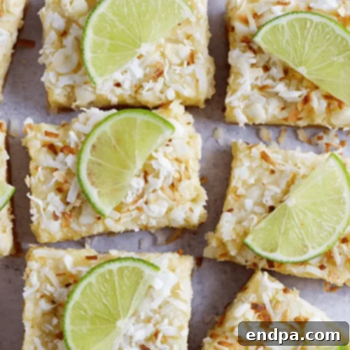 The Ultimate Collection of Tangy Lime Desserts 18 White chocolate coconut lime bars with a toasted coconut topping.