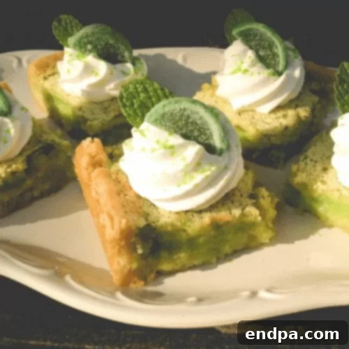 The Ultimate Collection of Tangy Lime Desserts 24 Mojito key lime bars with mint leaves and lime wedges as garnish.