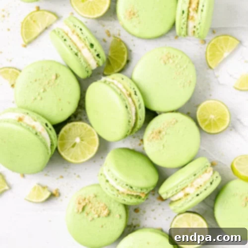 The Ultimate Collection of Tangy Lime Desserts 27 Green key lime pie macarons with a creamy filling and graham cracker crumbs.