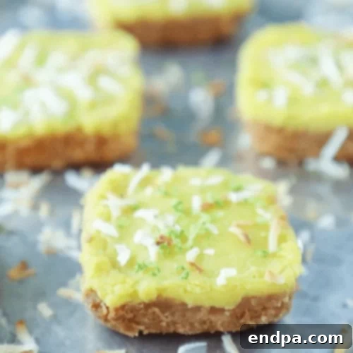 The Ultimate Collection of Tangy Lime Desserts 53 Keto coconut lime bars with a pale green filling and toasted coconut.