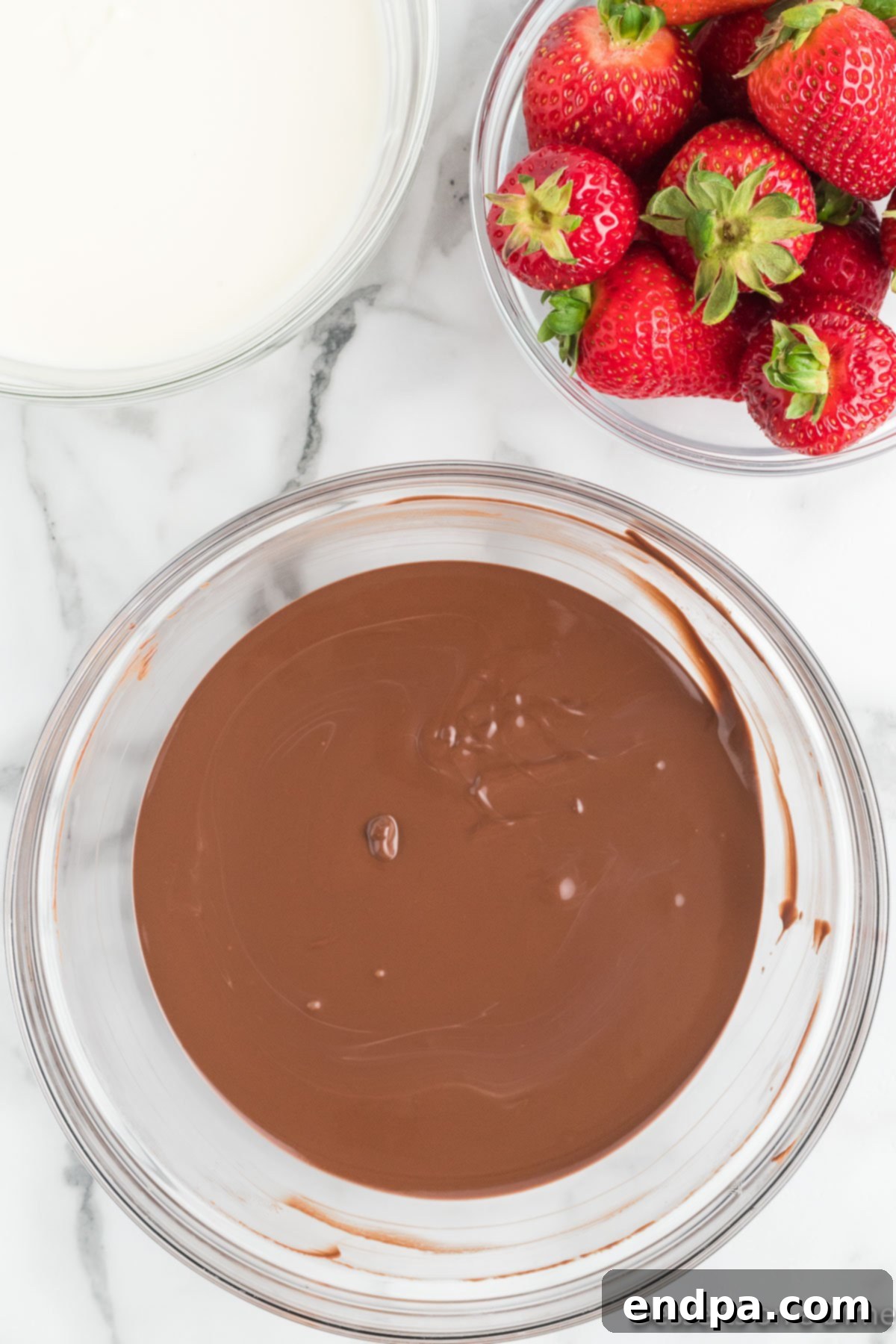 Yuletide Chocolate Strawberries 4 Bowl with melted chocolate, ready for dipping.