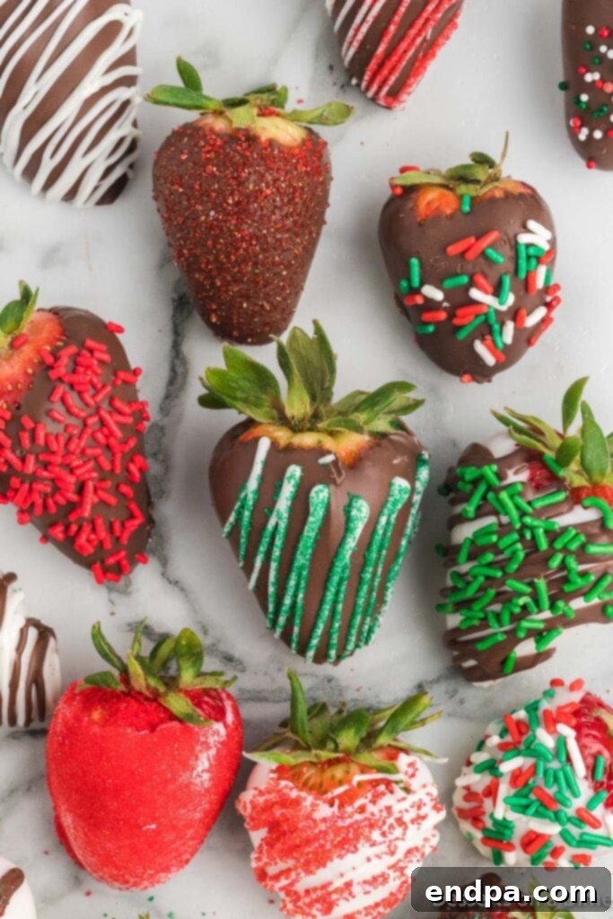 Yuletide Chocolate Strawberries 7 Completed Christmas Chocolate Covered Strawberries, set and arranged on a serving platter.
