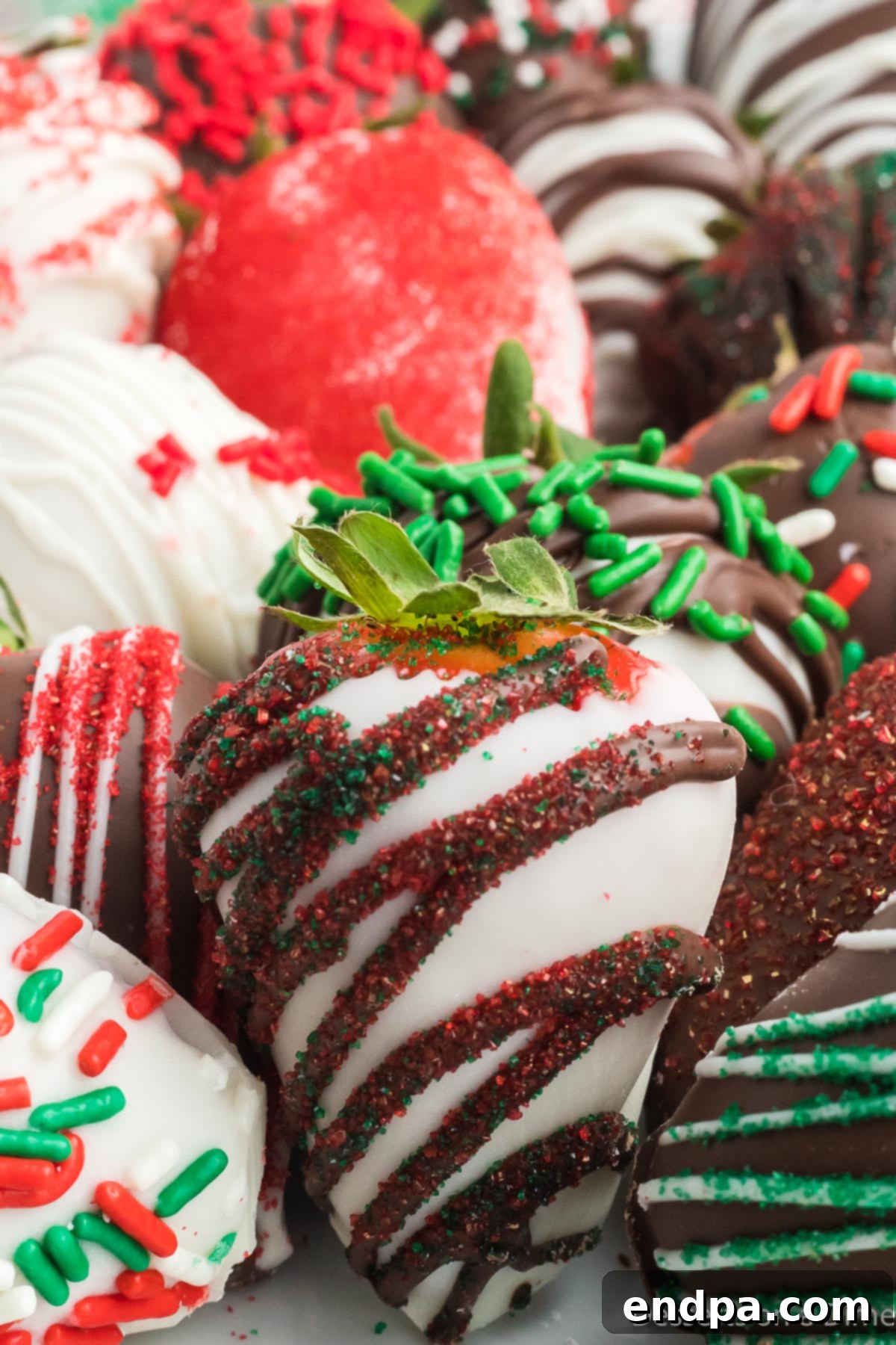 Yuletide Chocolate Strawberries 8 Close-up view of a beautifully decorated Christmas Chocolate Covered Strawberry, showcasing its festive sprinkles and smooth chocolate coating.