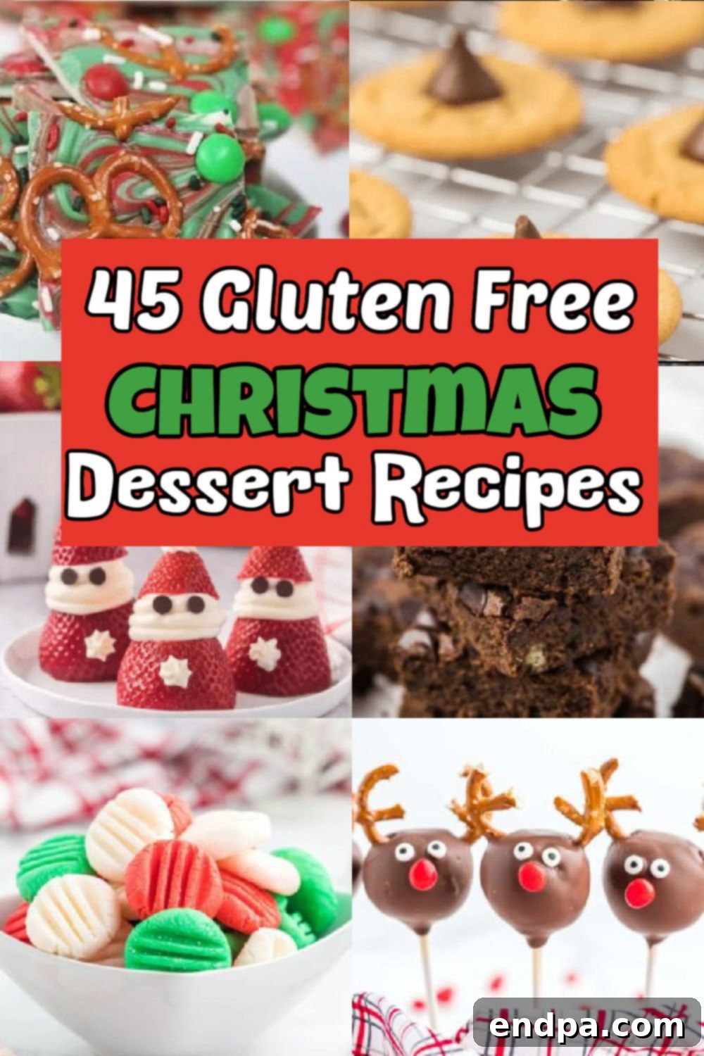 A festive array of gluten-free Christmas desserts, including cookies, cakes, and other holiday treats, adorned with holiday decorations.