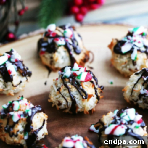 Peppermint Chocolate Coconut Macaroons topped with crushed candy canes.