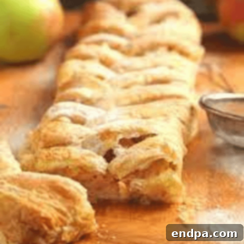 A slice of warm Gluten Free Apple Strudel with cinnamon.
