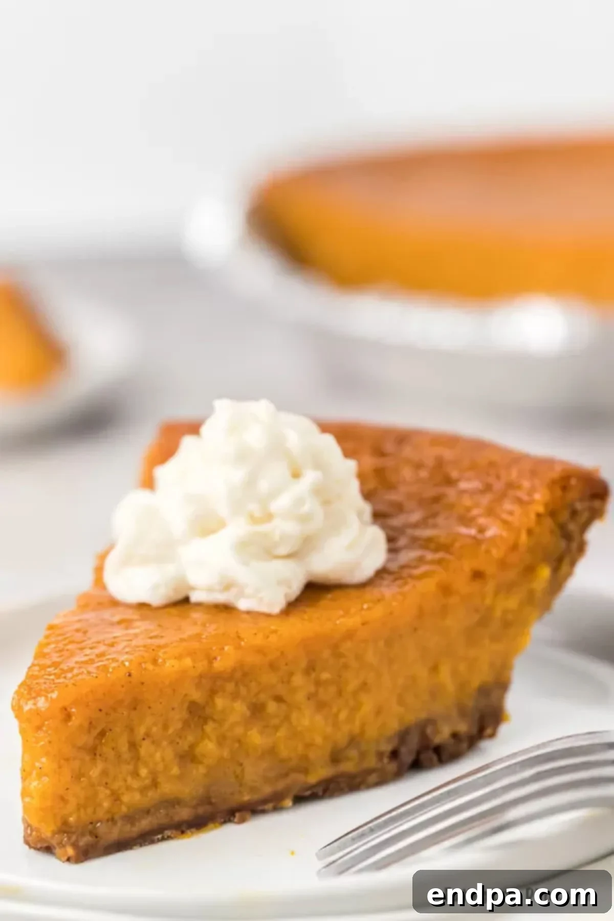 Slice of sweet potato pie on a plate, garnished with whipped cream and a sprinkle of cinnamon.