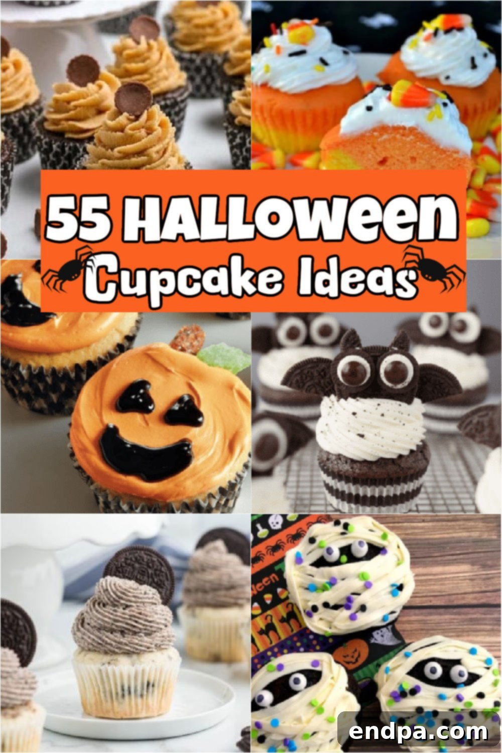 A vibrant collage of various Halloween cupcakes, featuring adorable ghosts, spooky spiders, and colorful monster designs. These festive treats are perfect for adding a cute and spooky touch to any Halloween celebration.