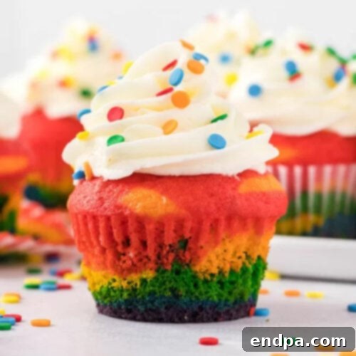 A vibrant display of Rainbow Cupcakes adorned with colorful frosting and rainbow sprinkles, inviting celebration.