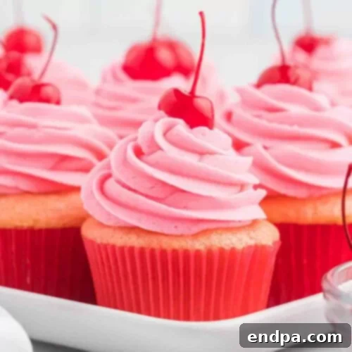 Elegant Cherry Almond Cupcakes topped with a delicate swirl of buttercream frosting and a fresh cherry.