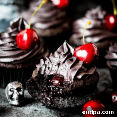 Spooky Halloween Black Cupcakes with a rich cherry filling peeking out, topped with dark frosting.