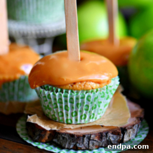 Delicious Caramel Apple Cupcakes topped with a swirl of caramel frosting and a slice of apple.