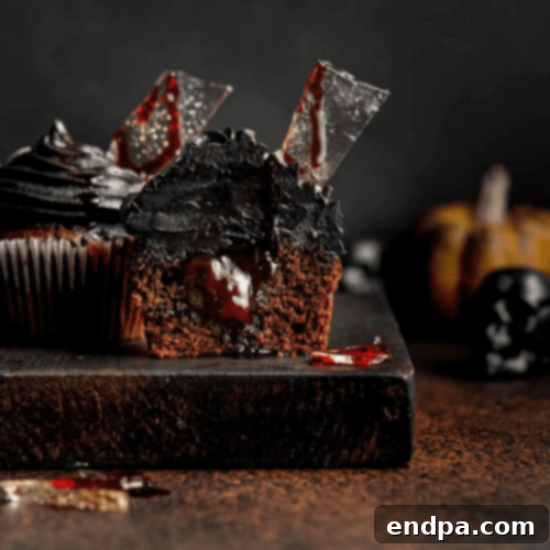 Ghoulish Halloween Bleeding Cupcakes with white frosting and a dramatic red 'blood' drizzle.