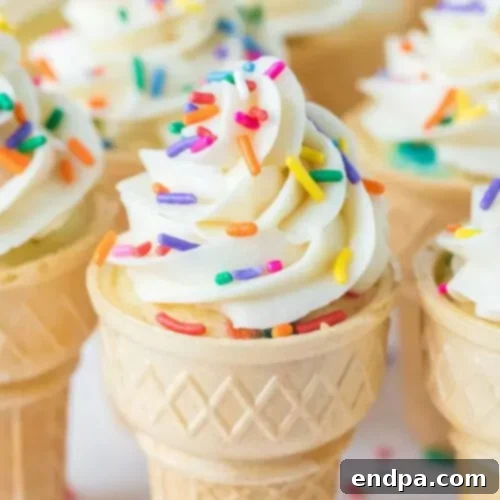 Whimsical Easy Ice Cream Cone Cupcakes, baked directly in sugar cones and topped with colorful frosting.