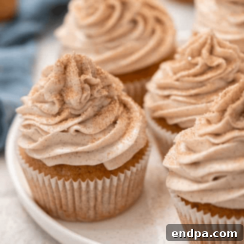 Sweet Churro Cupcakes topped with a swirl of cinnamon sugar frosting and a dusting of cinnamon.