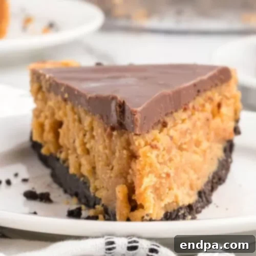 A slice of buckeye pie with chocolate and peanut butter layers.